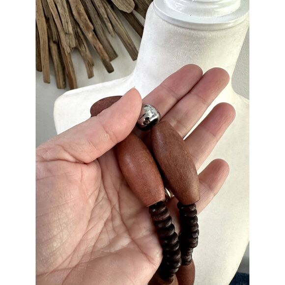 Vintage 70s Long Wooden Bead Necklace | 40” with Silver Tone Spacers - Picture 3 of 6